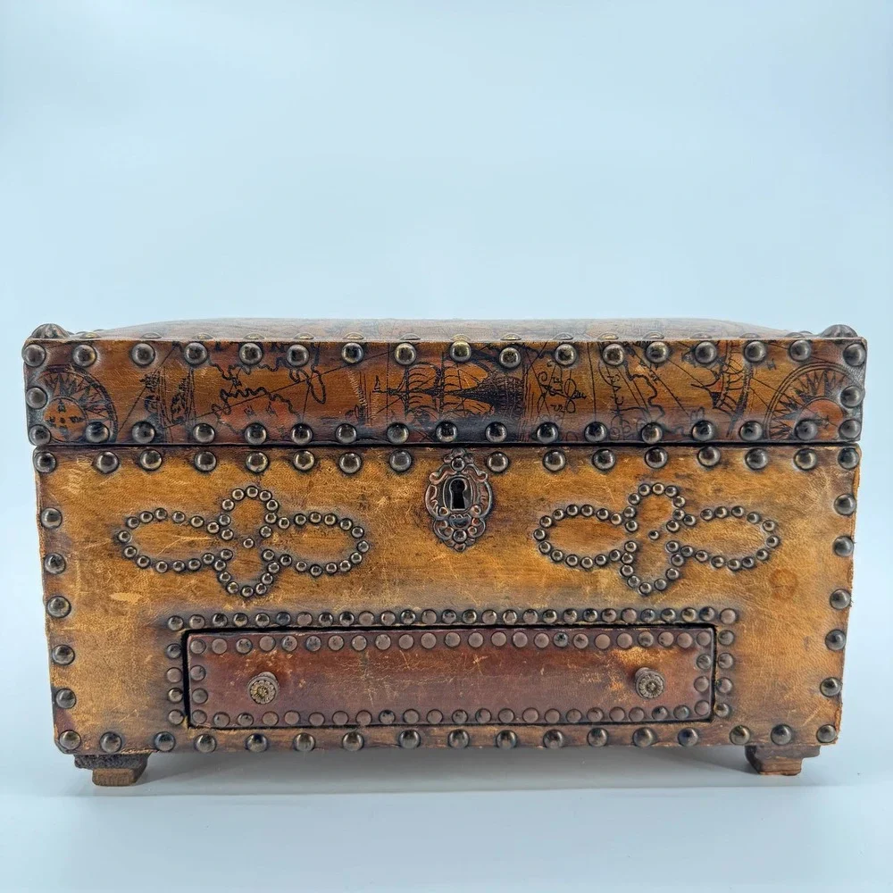 Vtg Leather Wood Jewelry Box Chest Trunk Old World Map Studded Nailhead Drawer